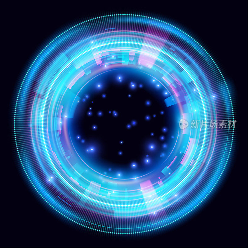 Magic circle light effects. Illustration isolated on dark background. Mystical portal. Bright sphere lens. Rotating lines. Glow ring. Magic neon ball. Vector. Eps10